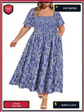 Plus Size Square Neck Maxi Dress, Short Sleeve Smocked Flowy A-Line with Pockets